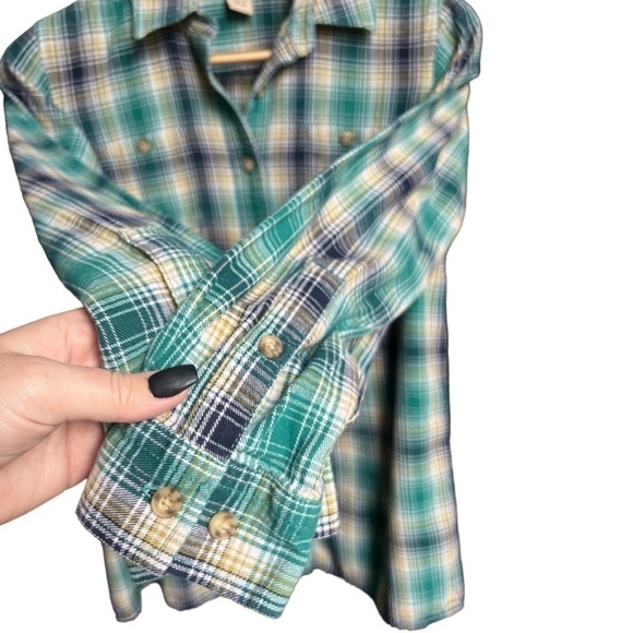 Duluth Trading Co. Women’s Teal Plaid Cotton Flannel Button Down Shirt, XS - Picture 4 of 8